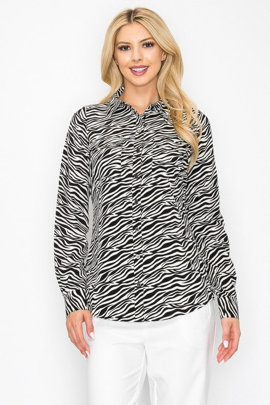 Zebra Print Button Down Shirt Long Sleeve