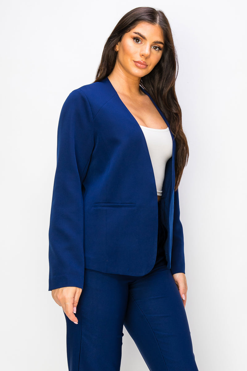 Solid Long Sleeve Open Blazer with Pockets