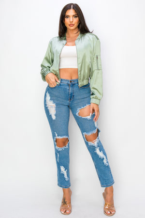 Solid Satin Bomber Jacket Three Pockets Zip Up