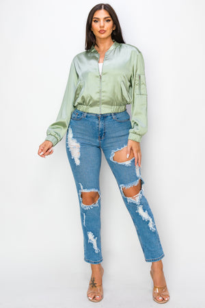 Solid Satin Bomber Jacket Three Pockets Zip Up