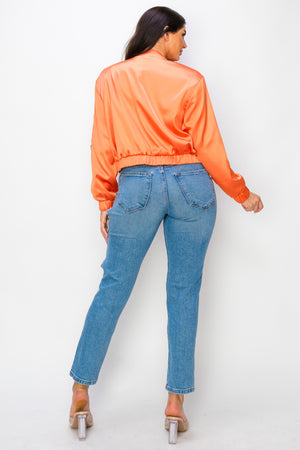 Solid Satin Bomber Jacket Three Pockets Zip Up