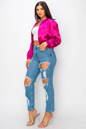 Solid Satin Bomber Jacket Three Pockets Zip Up