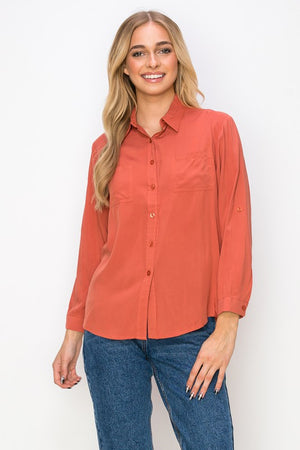 Solid Long Sleeve Button Down with Pockets