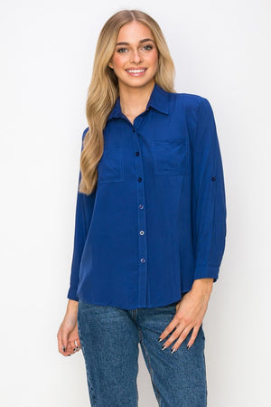 Solid Long Sleeve Button Down with Pockets