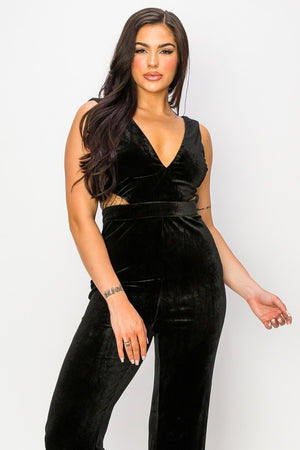 Velvet Black Pant Jumpsuit with Mesh Cut Outs