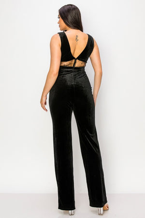 Velvet Black Pant Jumpsuit with Mesh Cut Outs