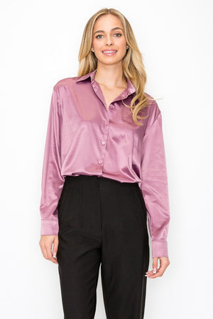 Satin Button Down Long Sleeve Shirt Oversize