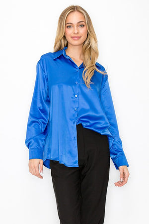 Satin Button Down Long Sleeve Shirt Oversize