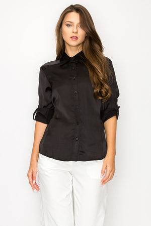 Long Sleeve Solid Satin Button Shirt with Collar