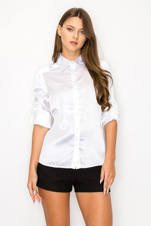 Long Sleeve Solid Satin Button Shirt with Collar
