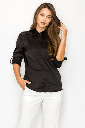 Long Sleeve Solid Satin Button Shirt with Collar