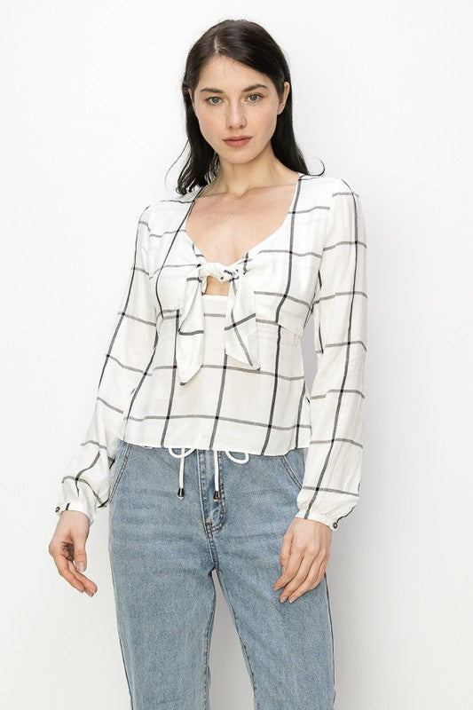 White Wide Plaid Front Tie Long Sleeve