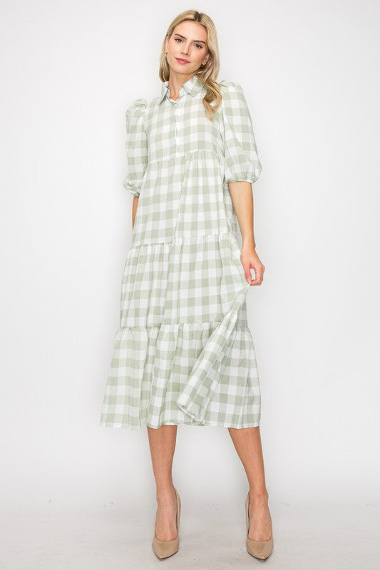 Tiered Plaid Maxi Dress with Puff Sleeves