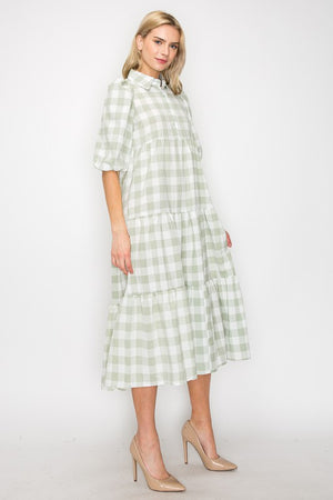 Tiered Plaid Maxi Dress with Puff Sleeves