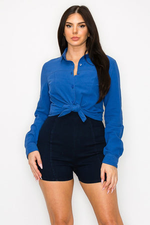 Long Sleeve Cotton Solid Button Down Top