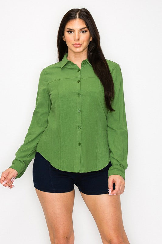Long Sleeve Cotton Solid Button Down Top