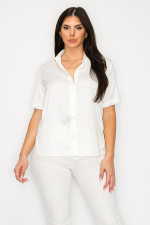 Satin Short Sleeve Button Up Blouse