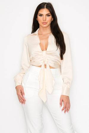 Silk Solid Front Tie Crop Top Long Sleeve
