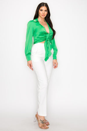 Silk Solid Front Tie Crop Top Long Sleeve