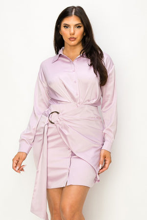 Front Wrap Button Down Satin Dress with Gold Loop