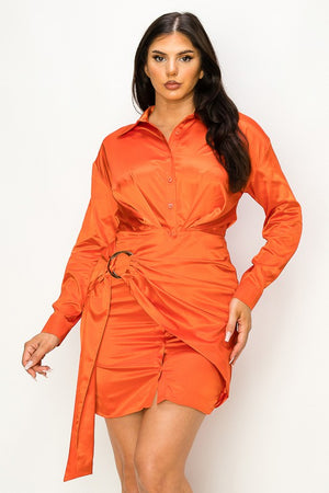 Front Wrap Button Down Satin Dress with Gold Loop