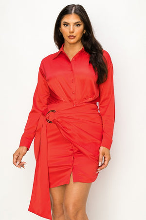 Front Wrap Button Down Satin Dress with Gold Loop