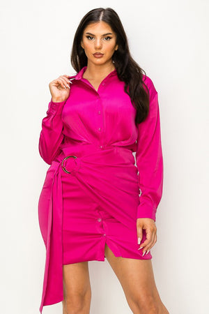 Front Wrap Button Down Satin Dress with Gold Loop