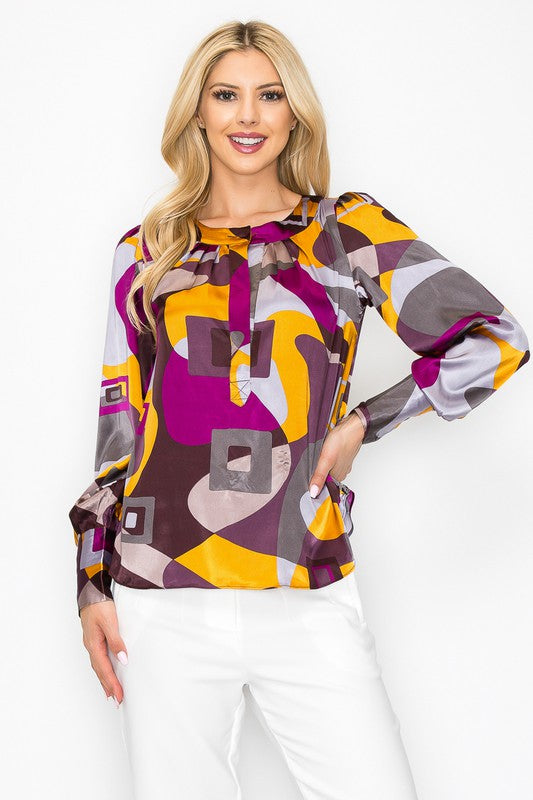 Round Neck Abstract Long Sleeve Top
