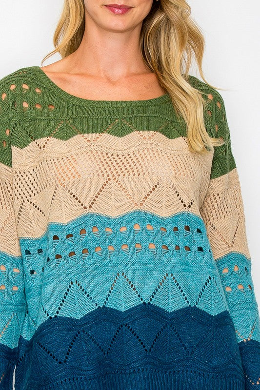 Knit Open Work Color Block Sweater