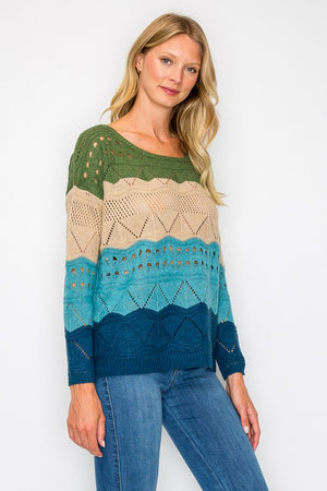 Knit Open Work Color Block Sweater