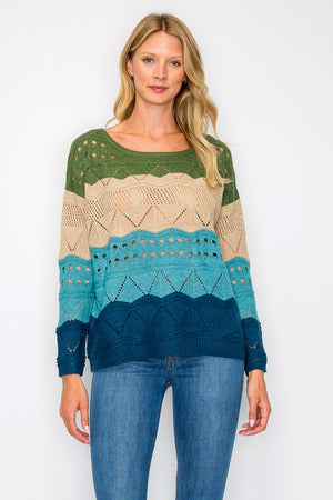 Knit Open Work Color Block Sweater