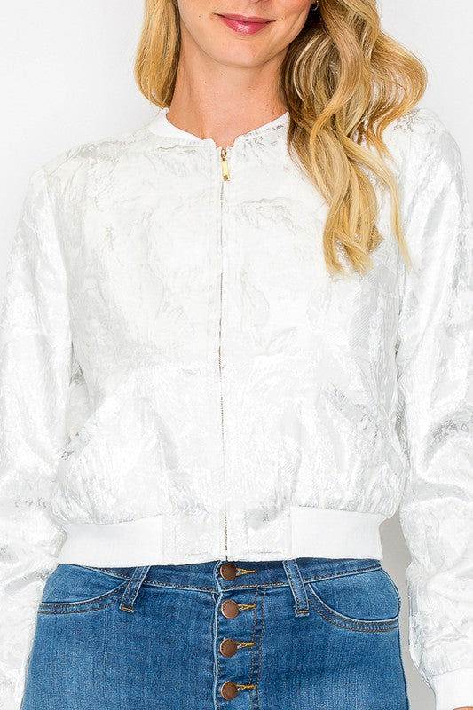 White and Floral Metallic Bomber Jacket