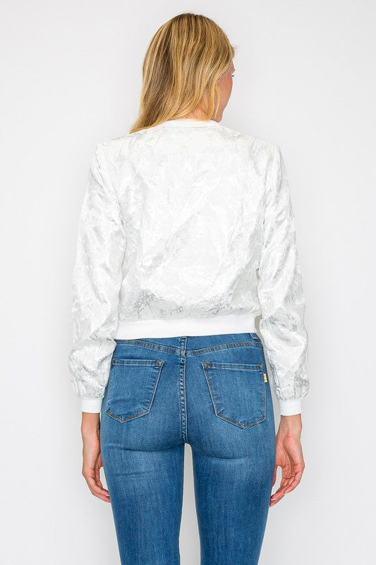White and Floral Metallic Bomber Jacket