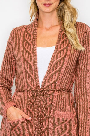 Knit Open Cardigan with Tie and Pockets