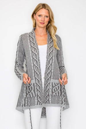 Knit Open Cardigan with Tie and Pockets