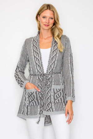 Knit Open Cardigan with Tie and Pockets
