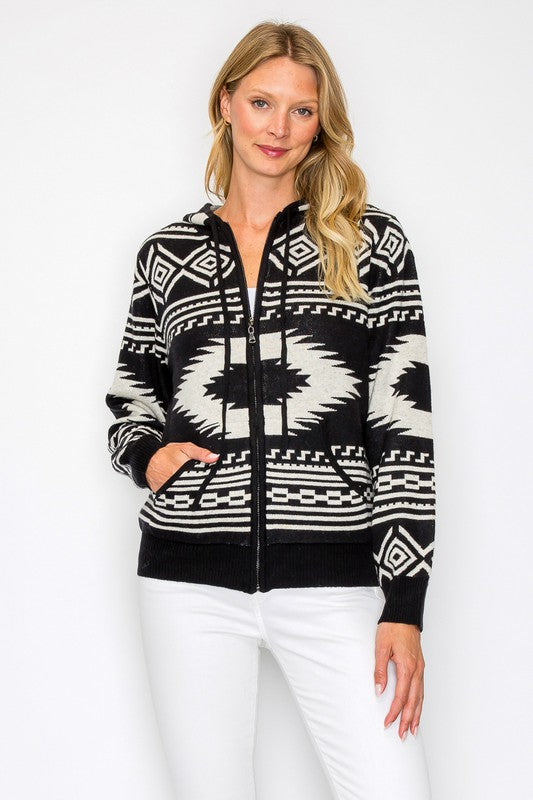 Geo Print Zipper Sweater with Hoodie and Pockets