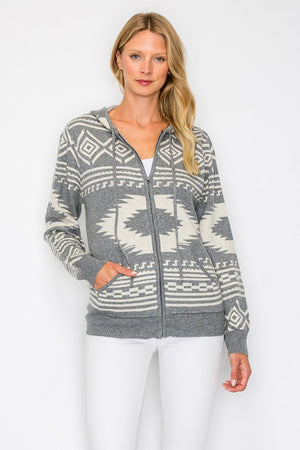 Geo Print Zipper Sweater with Hoodie and Pockets
